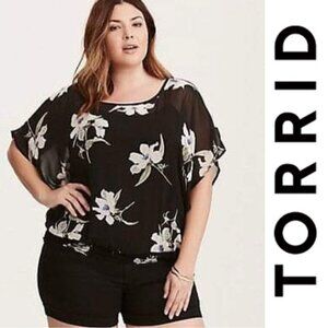 Torrid | Black Floral Sheer Cinch Waist Dolman Blouse | Size 4